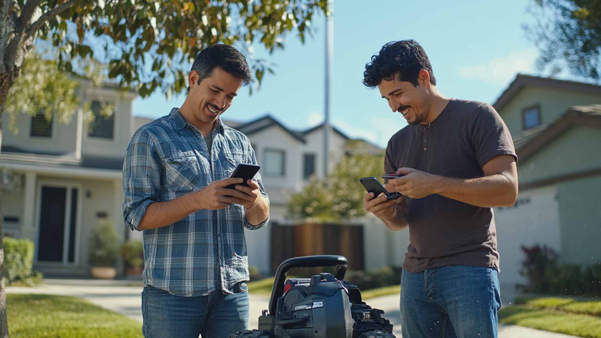 Two guys exchange tools rented through ToolBevy in Homestead, Florida